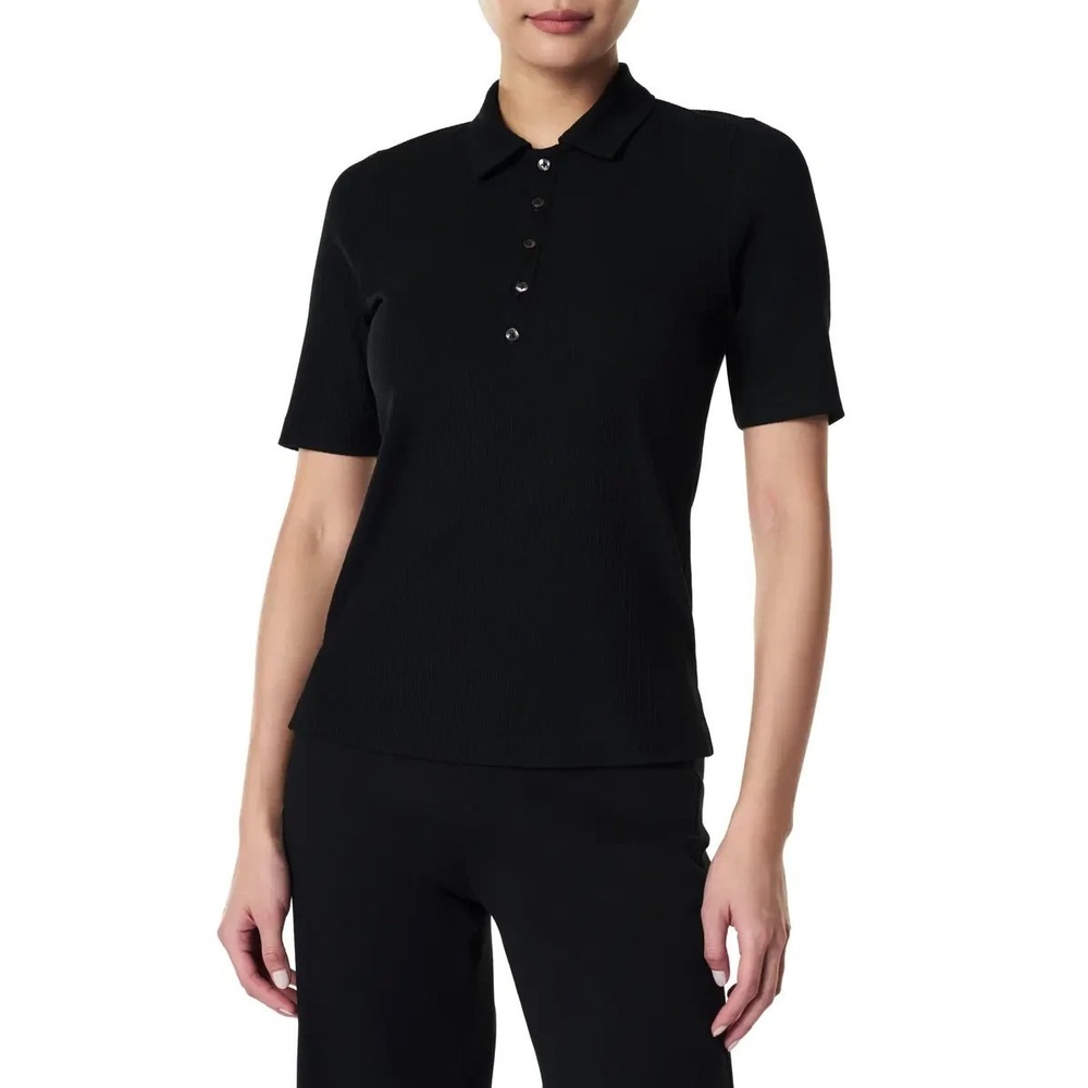 NWT Spanx Polo Top Women's Large Classic Black Ribbed Short Sleeve Shirt Fitted